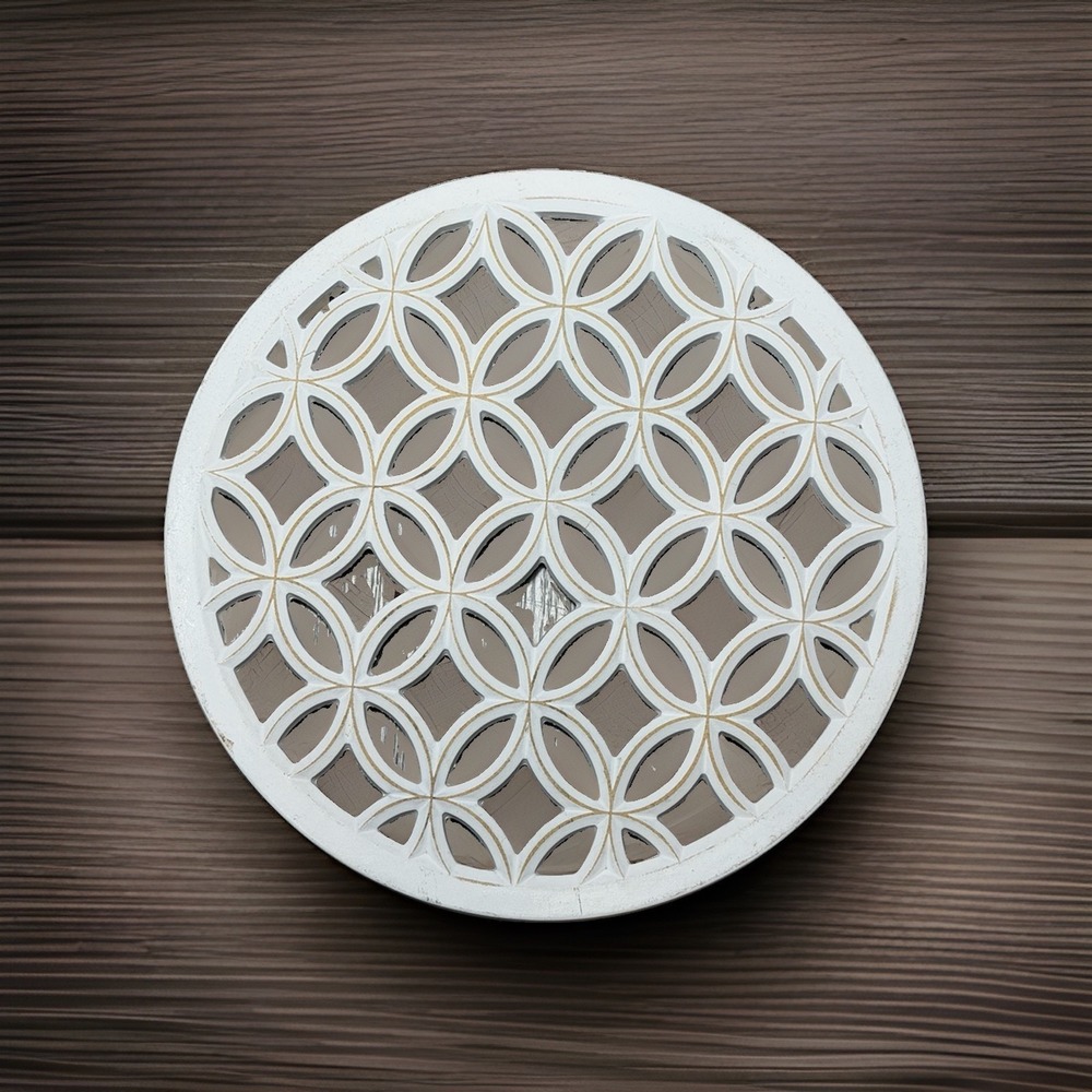 Wood Wall Flower Of Life Medallion Distressed White Scrolled 14" Cottagecore